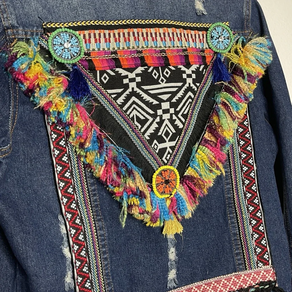 Boho Embroidered Tassel Denim Jacket Festival Tribal Fringe Jean Jacket Womens S